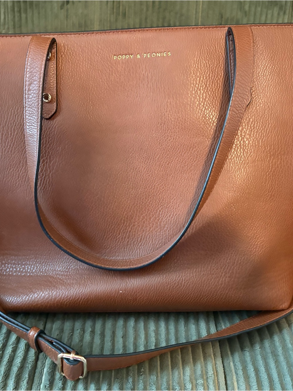 Poppy & Peonies Cognac Leather Tote with Adjustable Strap